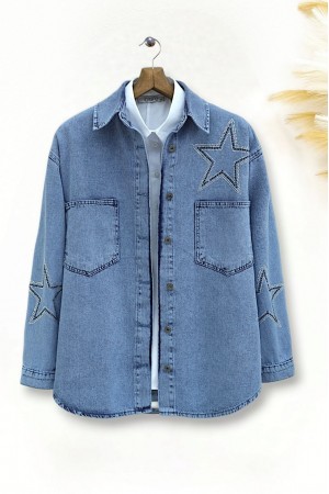 Star Stone Printed Double Pocket Denim Jacket -Ice Blue