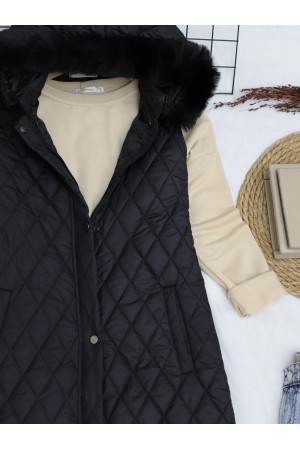 Çıkma Kapşonlu Kapitone Uzun Yelek -Siyah