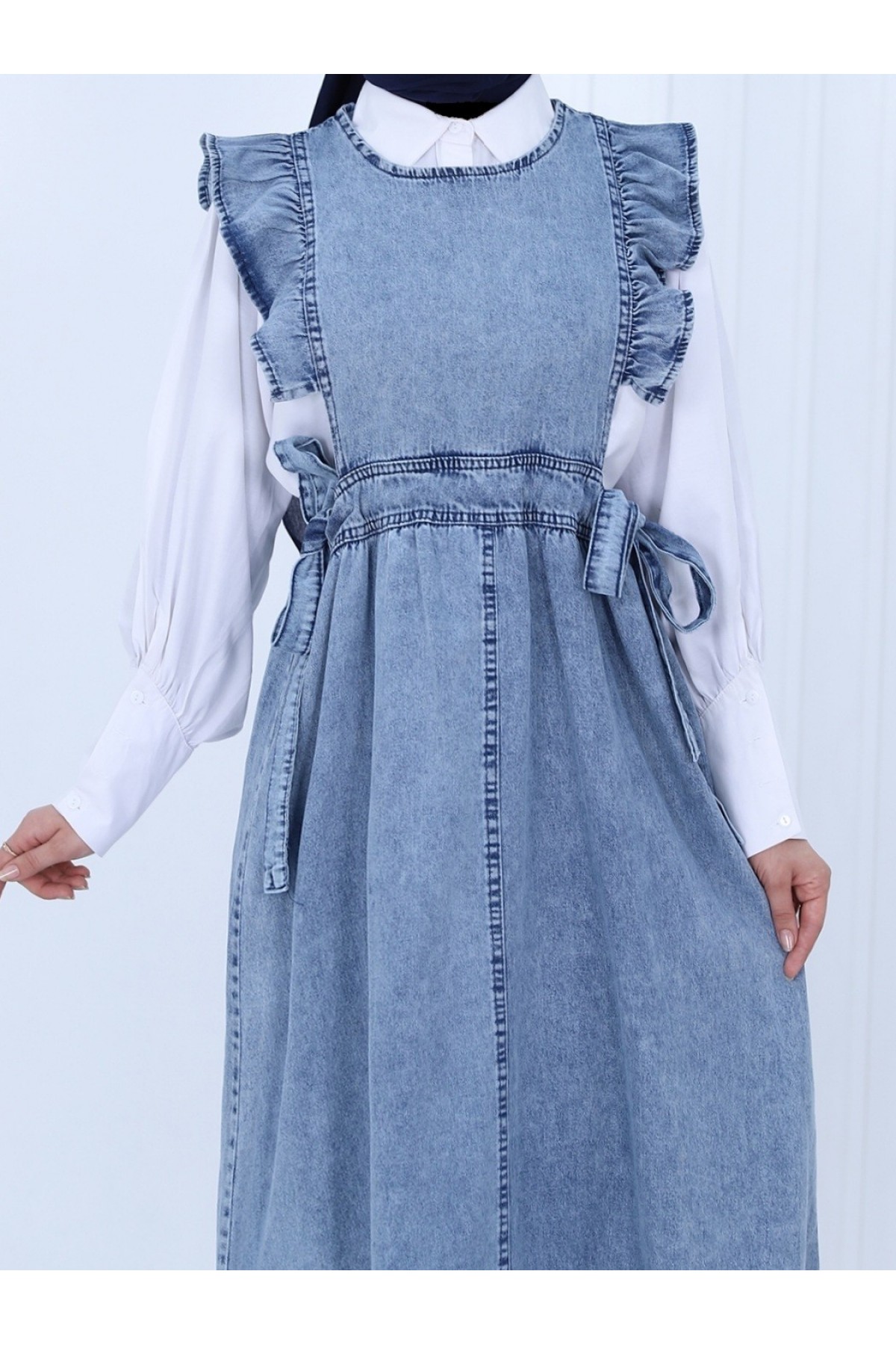 Frill Shoulders Zippered Side Tied Jeans Loose -Ice Blue