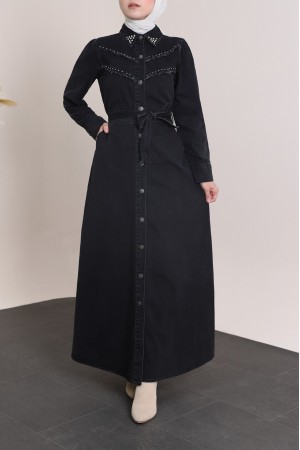 Vintage Denim Dress with Stones on the Collar and Chest -Black