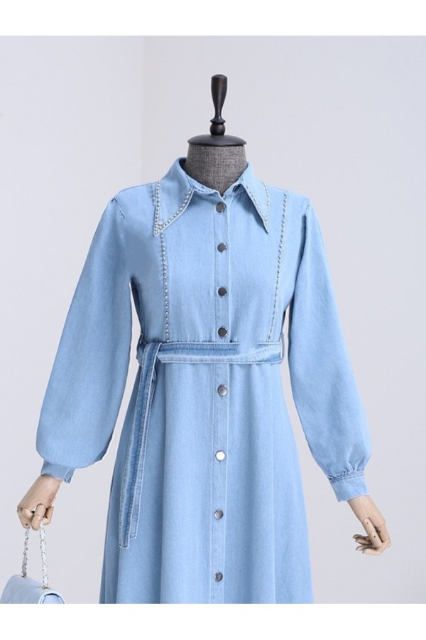 Stone Embroidered Halter Button Belted Denim Dress  -Ice Blue