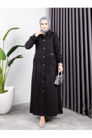 Torba Cepli Metal Düğmeli Uzun Kot Kap  -Siyah