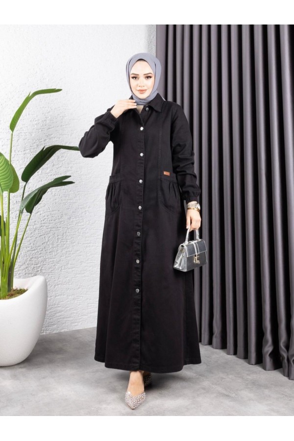 Metal Button Long Denim Coat with Pocket Pouch  -Black