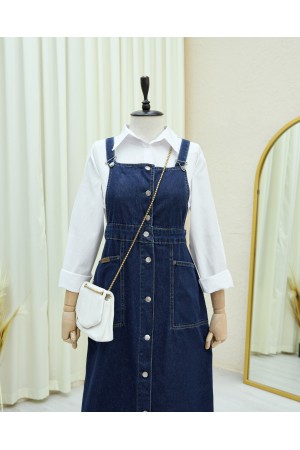 Buttoned Double Pocket Denim Overalls  -Navy blue