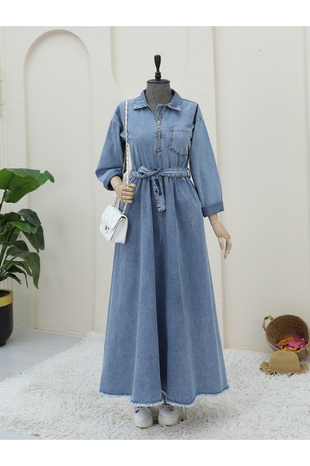Half Zippered Waist Tie Pocket Denim Dress -Ice Blue