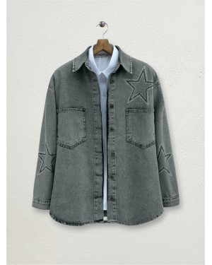 Yıldız Taş Baskılı Çift Cepli Kot Ceket -Füme