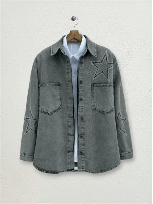 Yıldız Taş Baskılı Çift Cepli Kot Ceket -Füme