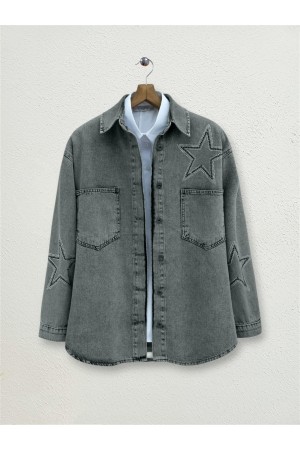 Star Stone Printed Double Pocket Denim Jacket -Smoked 