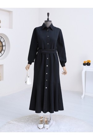 Buttoned Denim Dress with Ruffled Skirt -Black