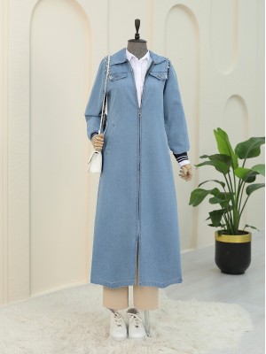 Omuzu İncili Ribanalı Fermuarlı Uzun Kot Kap  -Açık Mavi