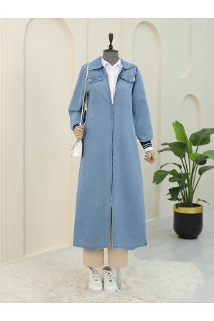 Omuzu İncili Ribanalı Fermuarlı Uzun Kot Kap  -Açık Mavi