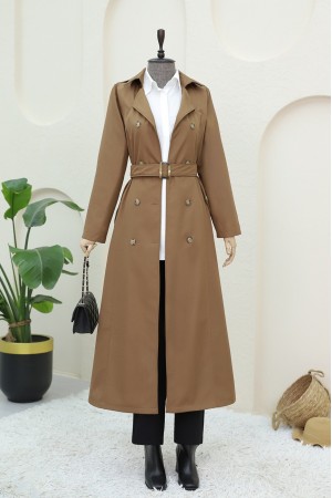 Çift Düğmeli Kemerli Trençkot -Taba