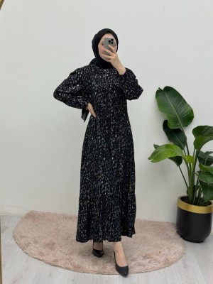 Kırçıllı Belden Büzgülü Elbise -Siyah