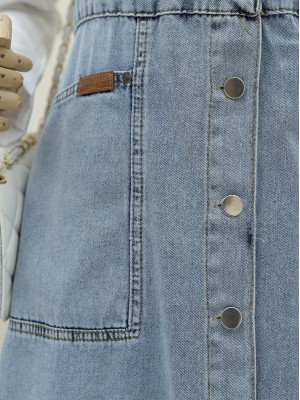 Boydan Düğmeli Çift Cepli Kot Salopet -Buz Mavi