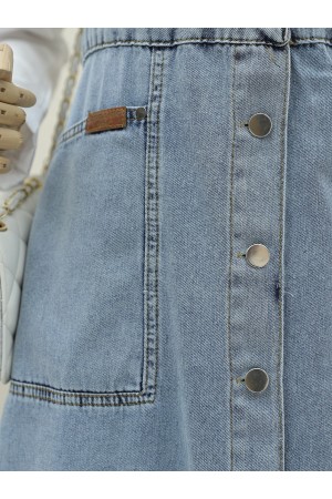 Boydan Düğmeli Çift Cepli Kot Salopet -Buz Mavi