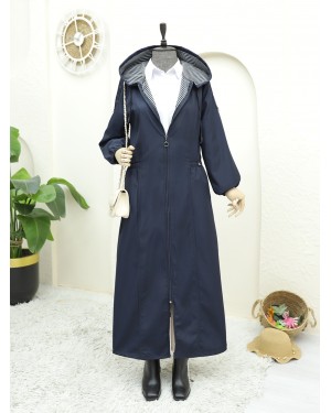 Long Trench Coat with Snap Pocket and Full Zipper -Navy blue