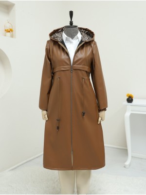 Tünel Bağcıklı Kapşonlu Fermuarlı Deri Kap -Taba