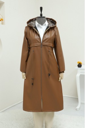 Tünel Bağcıklı Kapşonlu Fermuarlı Deri Kap -Taba