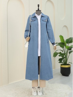 Omuzu İncili Ribanalı Fermuarlı Uzun Kot Kap  -Açık Mavi