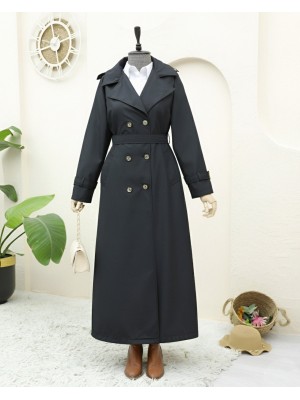 Kolu Ve Omuzu Apoletli Cepli Uzun Trençkot -Siyah
