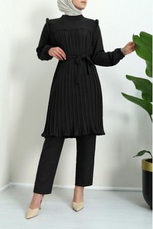 Robadan Pileli Belden Bağlamalı İkili Takım -Siyah