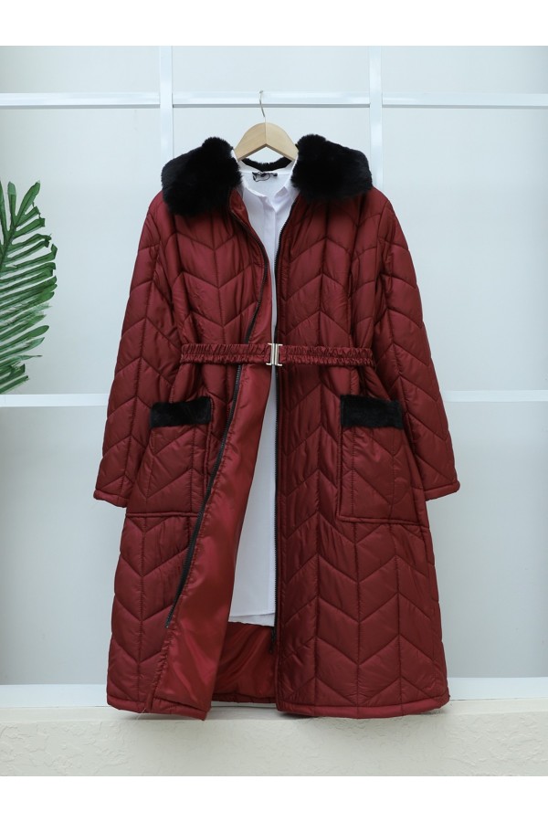 Yakası Kürklü Kemerli Cepli Kapitone Kaban   -Bordo