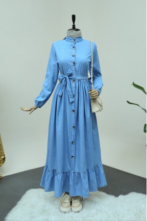 Beli Lastikli Bağcıklı Boydan Düğmeli Kot Elbise -Açık Mavi