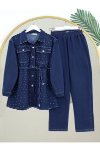 Serpme Taşlı Düğmeli Ceket Pantolon Kot Takım  -Laci