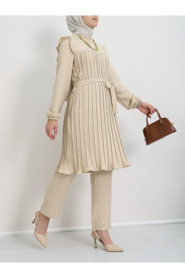 Yoke Pleated Waist Tied Double Suit - Beige