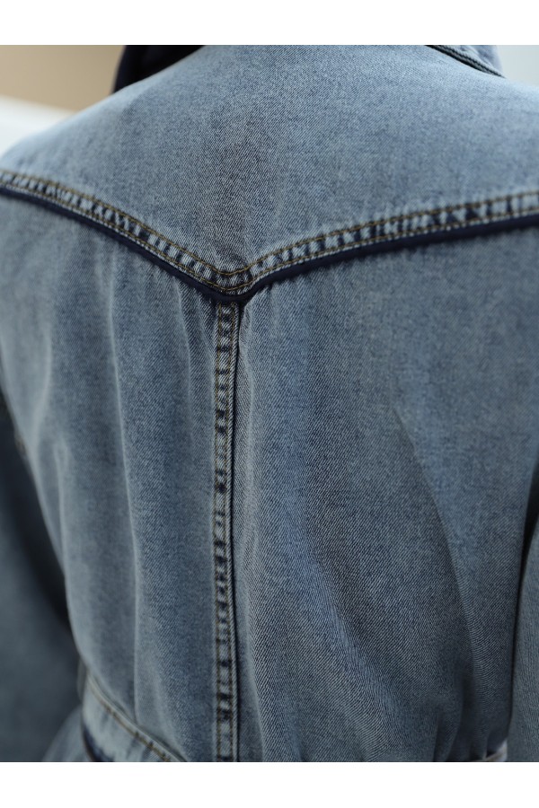 Shoulder Piping Buttoned Denim Dress -Ice Blue
