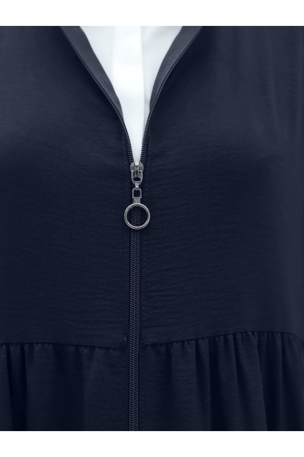 Ayrobin Abaya with Elasticated Sleeves and Zipper from the Neck -Navy blue