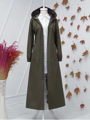 Metal Detaylı Fermuarlı Kapşonlu Trenckot -Haki