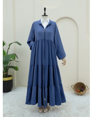Ayrobin Abaya with Elasticated Sleeves and Zipper from the Neck -İndigo