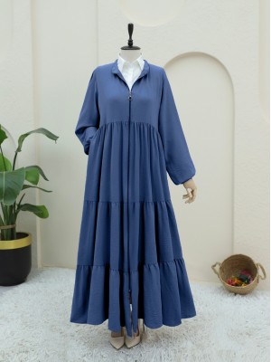 Ayrobin Abaya with Elasticated Sleeves and Zipper from the Neck -İndigo