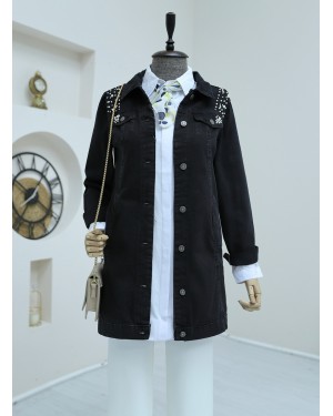 Taş İşlemeli Yıkamalı Kot Ceket  -Siyah