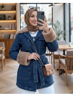 Yakası Ve Kolu Kürklü Önü Bağlamalı Cepli Kot Ceket -İndigo