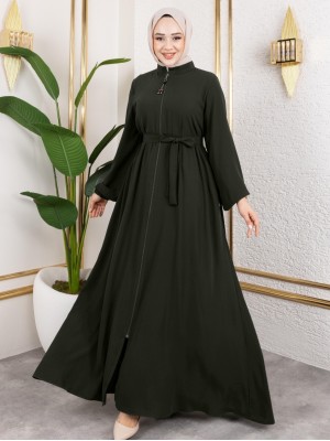 Medina Silk Abaya with Zippered Sleeves and Elastic Waist Belt-Khaki