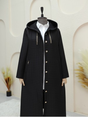 معطف طويل مبطن مع تفاصيل سلسلة على الياقة -أسود