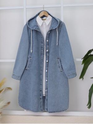 Kapşonlu Düğmeli Oval Kesim Kot Kap -Buz Mavi