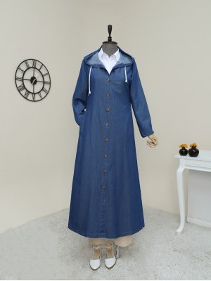 Boydan Düğmeli Kapşonlu Uzun Kot Kap -İndigo