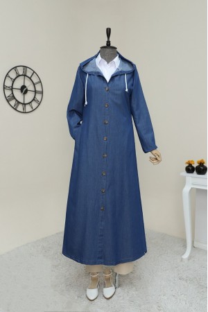 Boydan Düğmeli Kapşonlu Uzun Kot Kap -İndigo