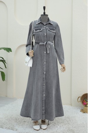 Yakası Nakış Detaylı Kemerli Kot Elbise -Füme