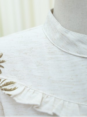 Önü Fırfırlı Yarım Düğmeli Parçalı Keten Elbise -Kamuflaj