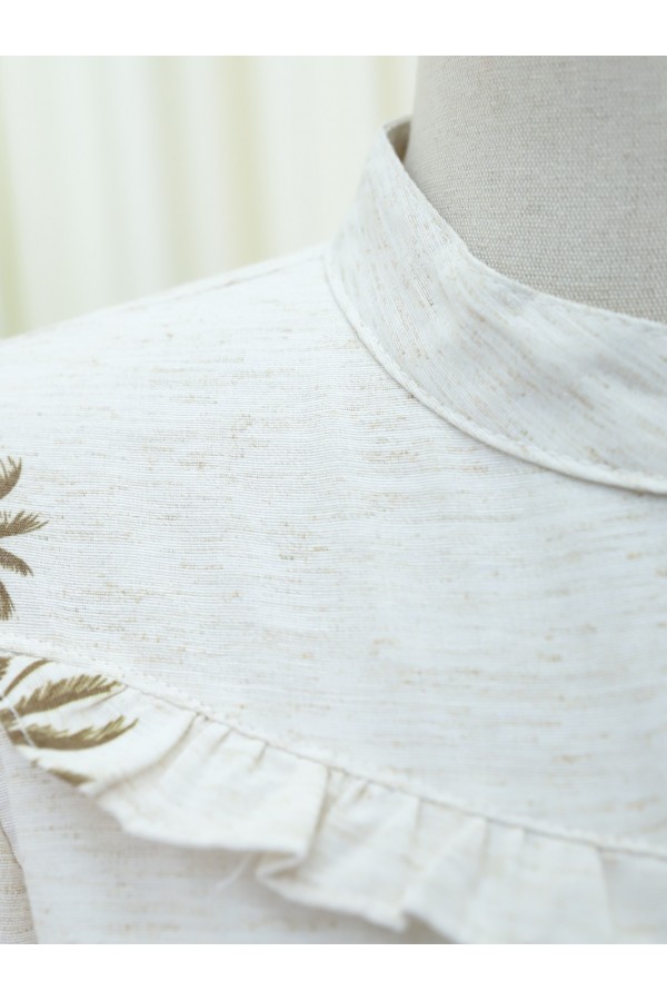 Half Buttoned Sectional Linen Dress with Ruffle Front -Camouflage