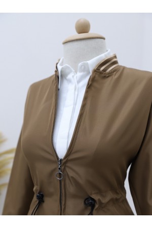 Beli Tünel Bağcıklı Cepli Trenckot -Taba