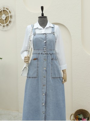 Boydan Düğmeli Çift Cepli Kot Salopet -Buz Mavi