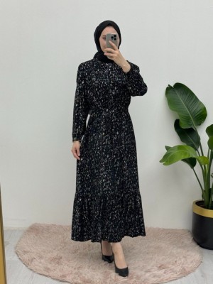 Kırçıllı Belden Büzgülü Elbise -Siyah