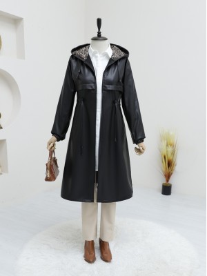 Belden Büzgülü Cepli Fermuarlı Suni Deri Kap -Siyah