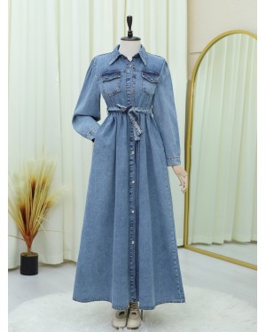 Cepli Kemerli Boydan Düğmeli Kot Elbise -Buz Mavi