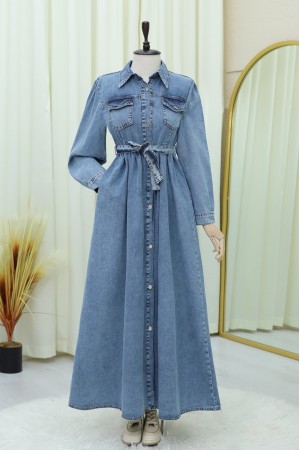 Pocket Belted Buttoned Denim Dress -Ice Blue